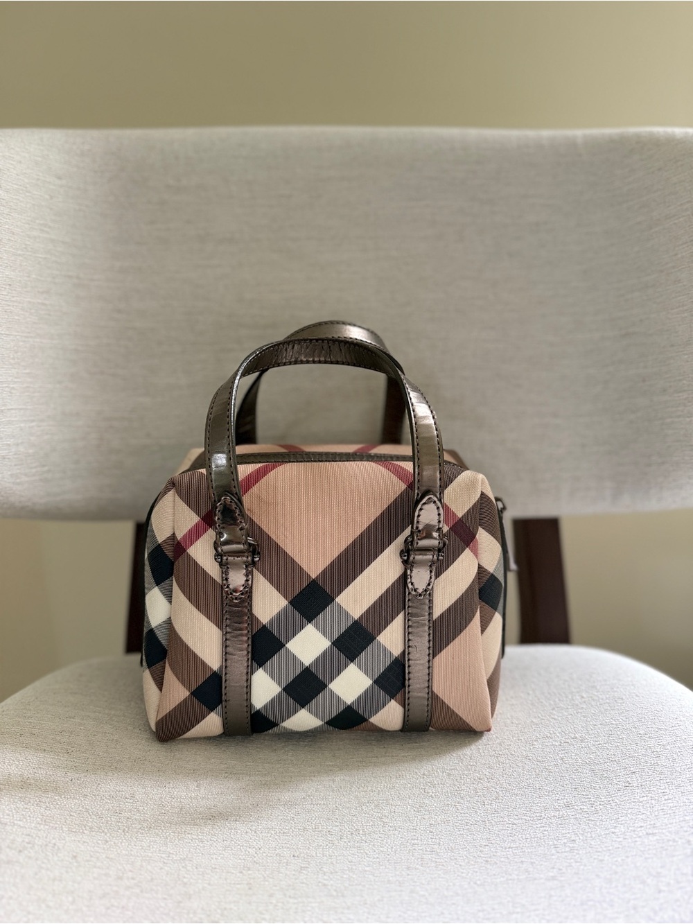 Burberry Nova Check Mini Barrel Bag Metallic Leather Trim